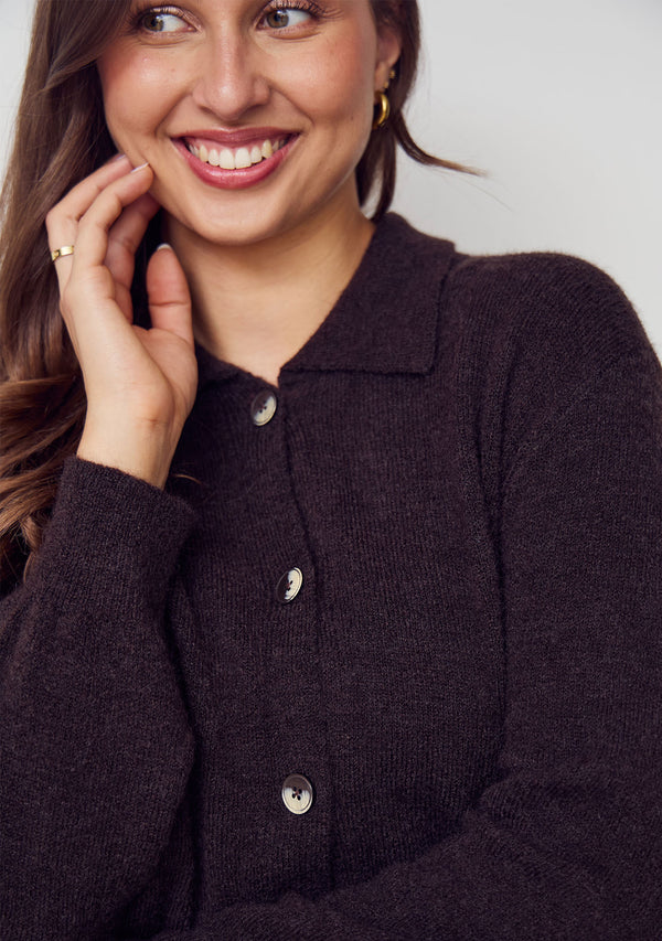 I SAY Anna Colar Cardigan Knitwear 357 Dark Brown Melange