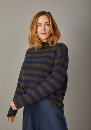 I SAY Anna Highneck Pullover Knitwear M05 Brown/Navy Stripe