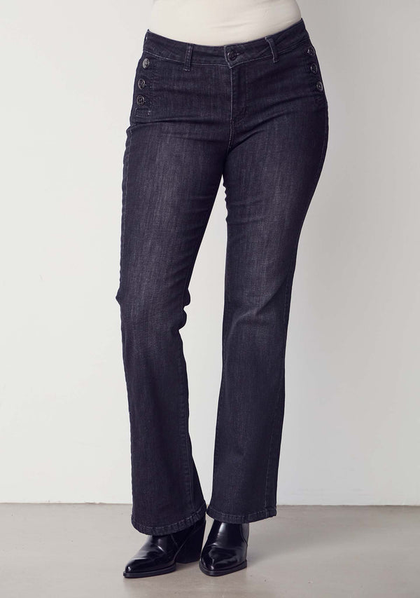 I SAY Como Flare Button Jeans Pants 927 Washed Black