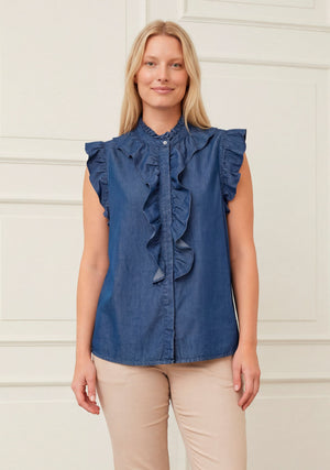 I SAY Ganja Flounce Top Tops 687 Dark Denim Wash