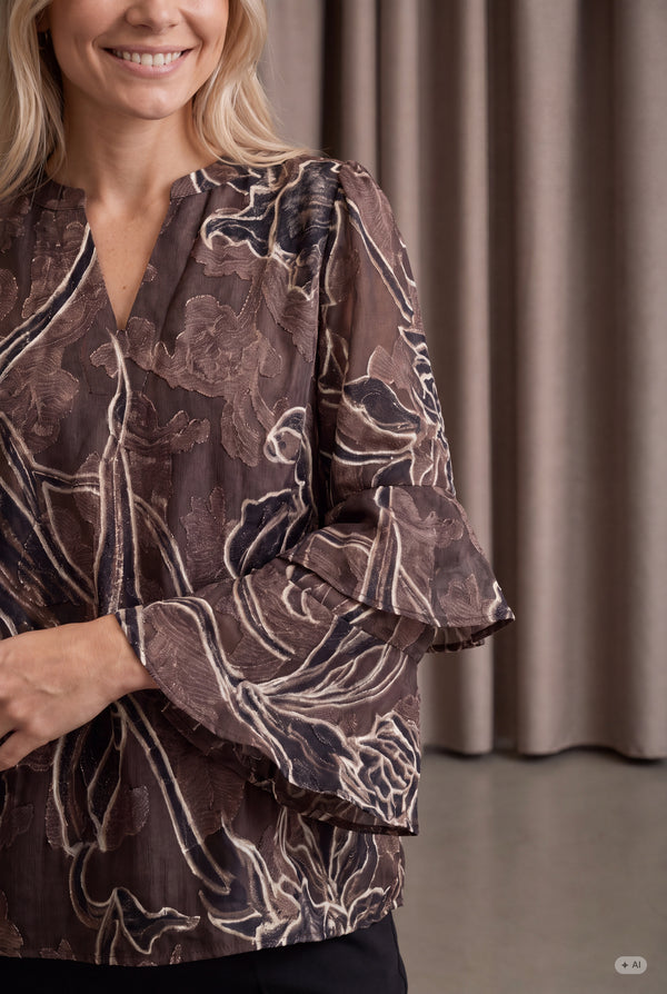 I SAY Obi Flounce Blouse Blouses P14 Brown Flower