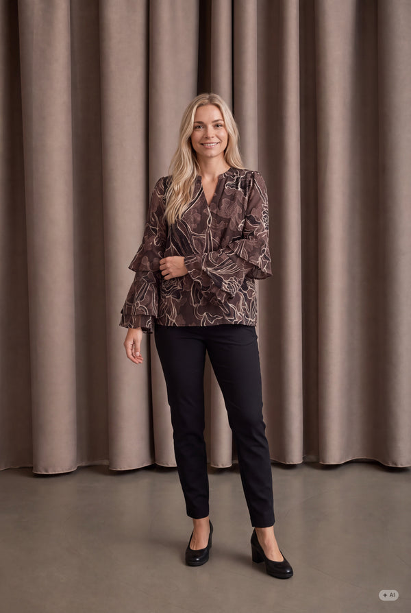 I SAY Obi Flounce Blouse Blouses P14 Brown Flower