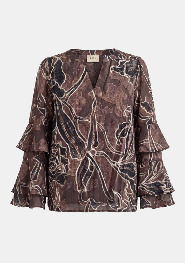 I SAY Obi Flounce Blouse Blouses P14 Brown Flower