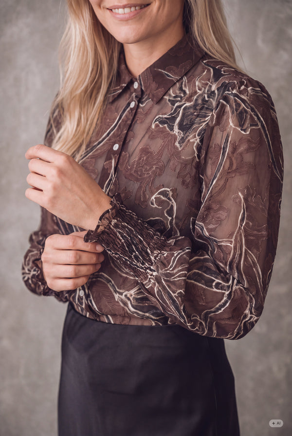 I SAY Obi Smock Blouse Blouses P14 Brown Flower